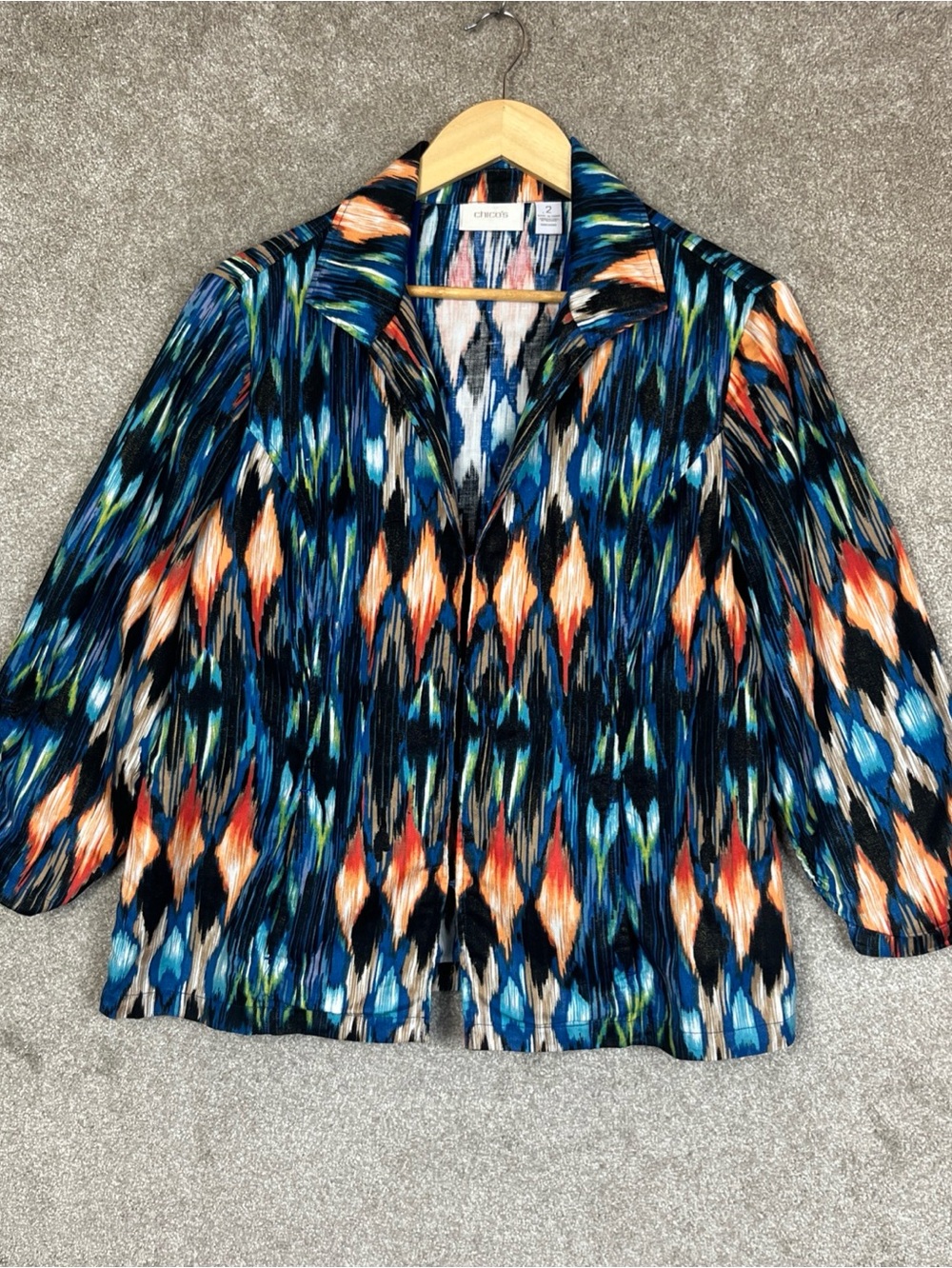 Chico's Jacket Womens 2 Blue Orange Cotton Linen Collared Pockets Unlined- 5311